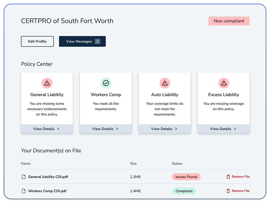 IDCore automated insurance verification interface showing AI-powered COI analysis